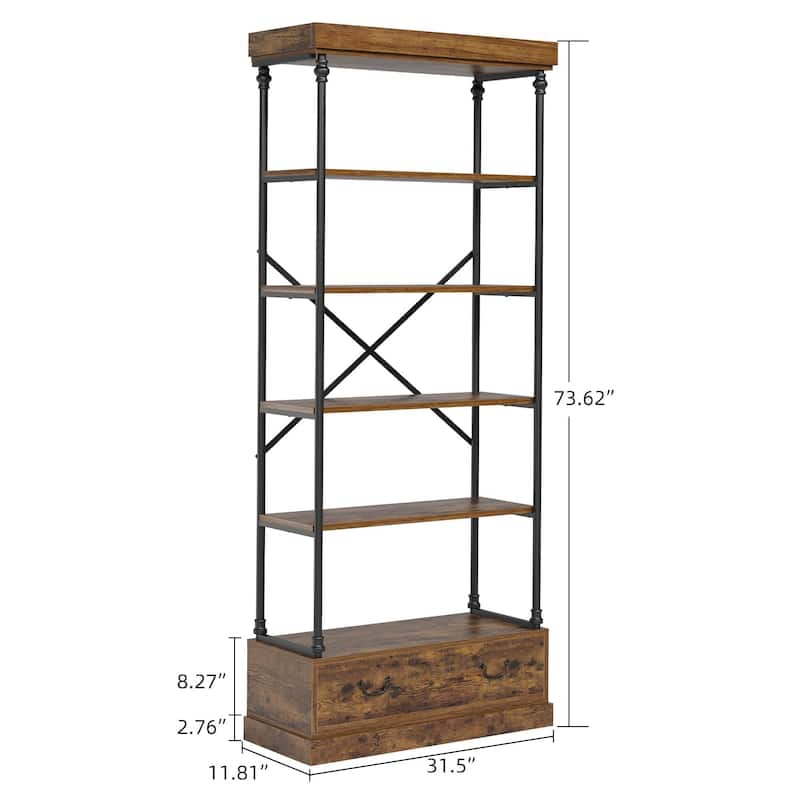 Bookshelf with Drawers,81.29" Tall, 5 - Tier Vintage Bookcase, Metal - Frame Shelf