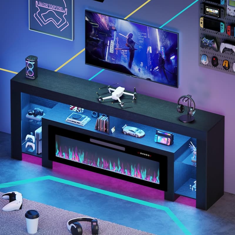 BOSSIN 82" Fireplace TV Stand with 50" Fireplace, Entertainment Center for TVs Up to 90", Console Cabinet With LED Light