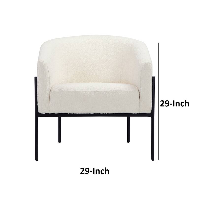 Mae 29 Inch Accent Armchair, Barrel, White Boucle Upholstery, Black Metal
