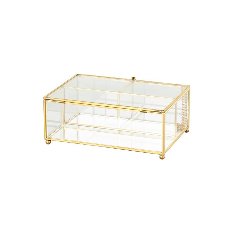Clear Glass 3 Slot Decorative Jewelry Box with Gold Metal Frame and Chain Accent