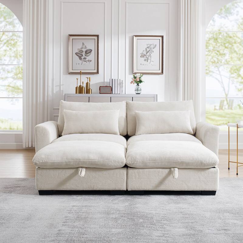 Corduroy Loveseat Sofa Couch with Storage Ottomans, Modern Sectional 2 Seater Sofa with Deep Seat, Pillows for Small Spaces