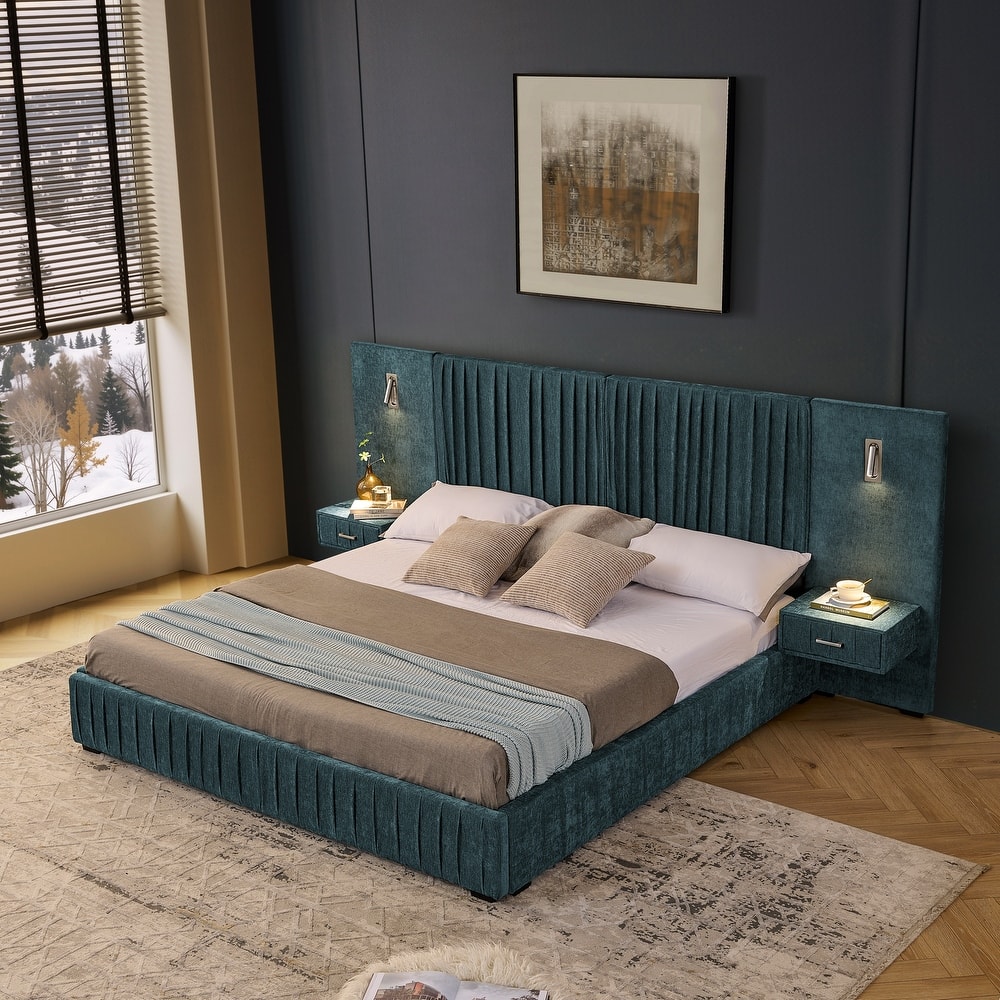 Pleating Upholstered Bed Platform Bed Frame with Enlarged Widened Headboard and Integrated Bedside Table Adjustable Bedside Lamp