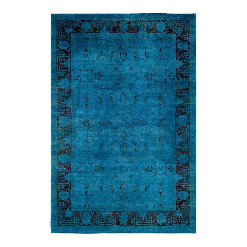 Overton Hand Knotted Wool Vintage Inspired Modern Contemporary Overdyed Blue Area Rug - 6' 1" x 9' 3"
