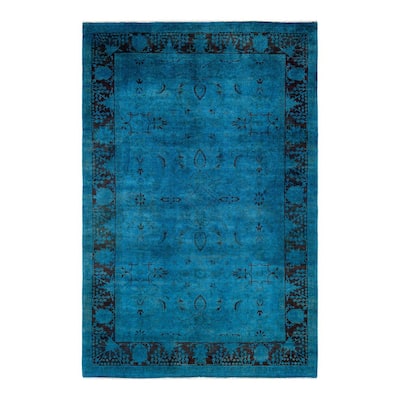 Overton Hand Knotted Wool Vintage Inspired Modern Contemporary Overdyed Blue Area Rug - 6' 1" x 9' 3"