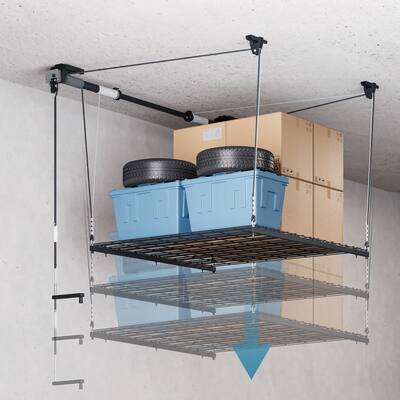 FLEXIMOUNTS Heavy Duty Manual Lift Adjustable Ceiling Storage Rack Overhead Metal Garage Storage Rack