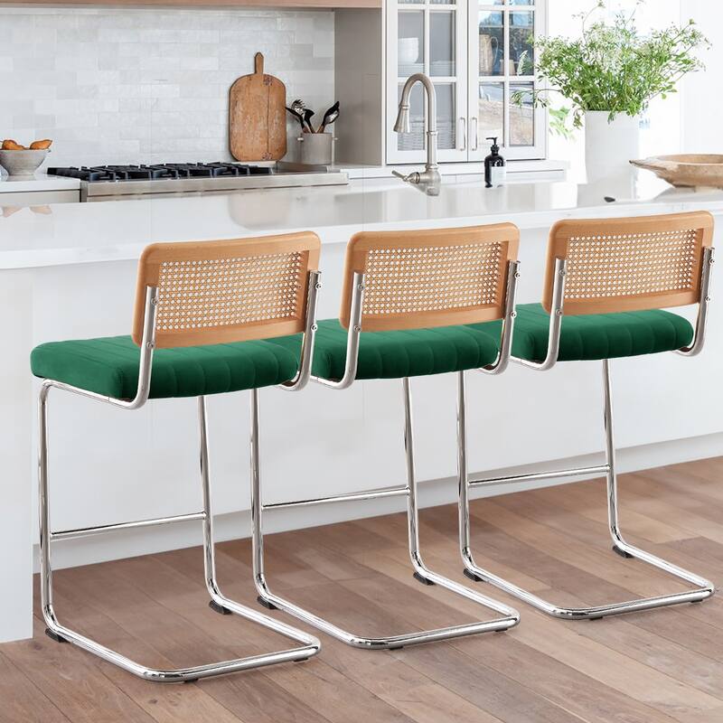 Velvet Upholstered Rattan Counter/Bar Stools, Set of 2/3