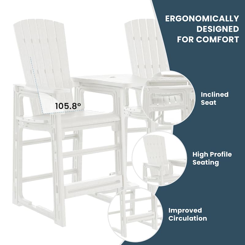 Polytrends Coastline Outdoor Poly Bar Chair Set with Connecting Tray & Cup Holder