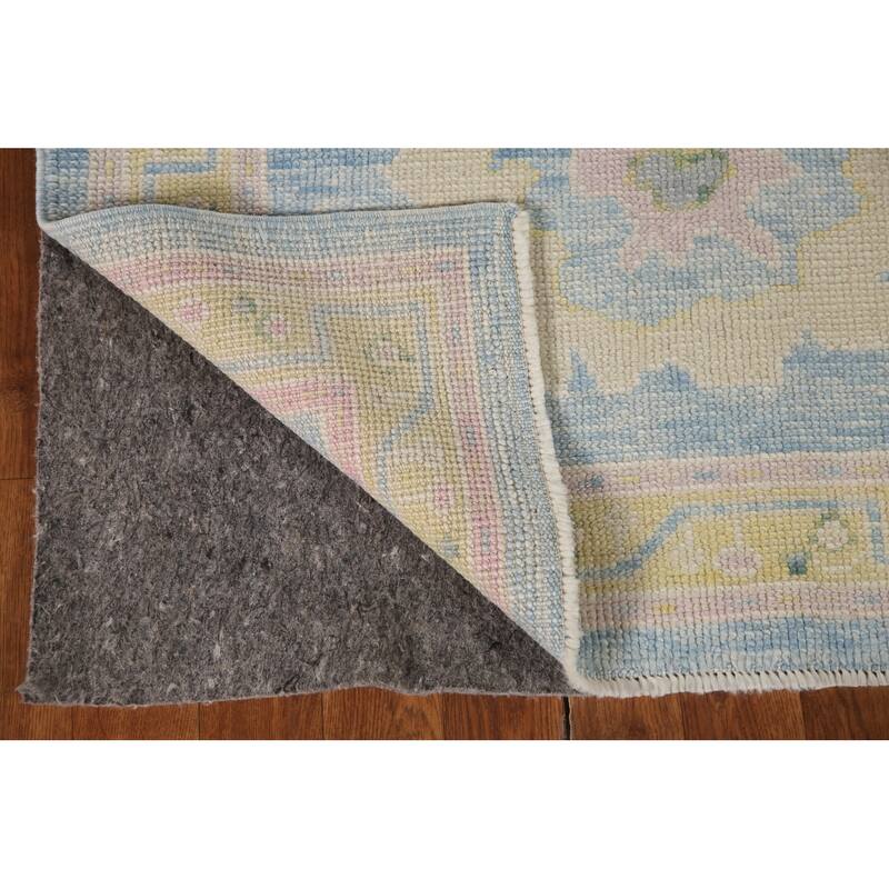 Vegetable Dye Oushak Turkish Runner Rug Hand-knotted Blue Wool Carpet - 3'3"x 12'10"