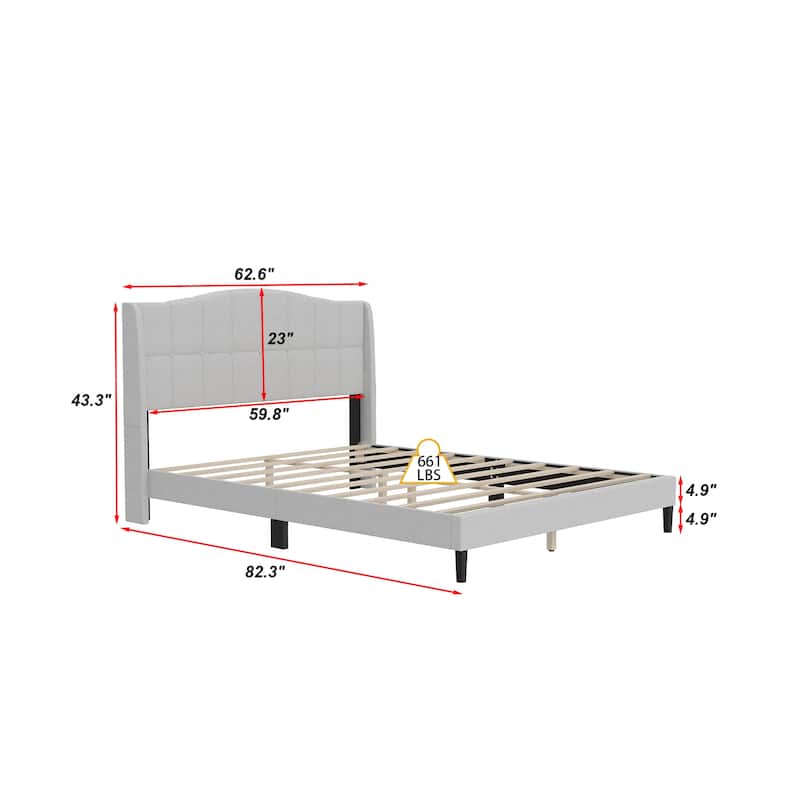 Upholstered Platform Bed Frame with Wingback Headboard and Wooden Slats