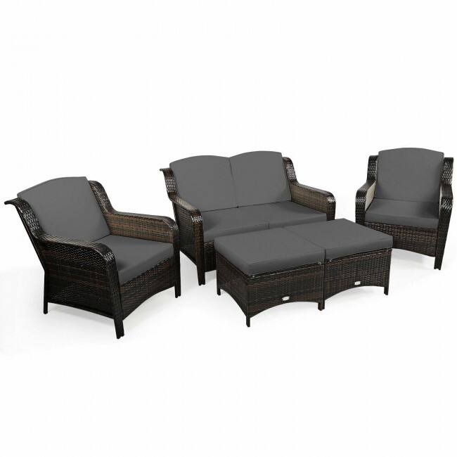 5 Pieces Patio Rattan Sofa Set with Cushion and Ottoman - 51" x 33.5" x 33" (L x W x H)