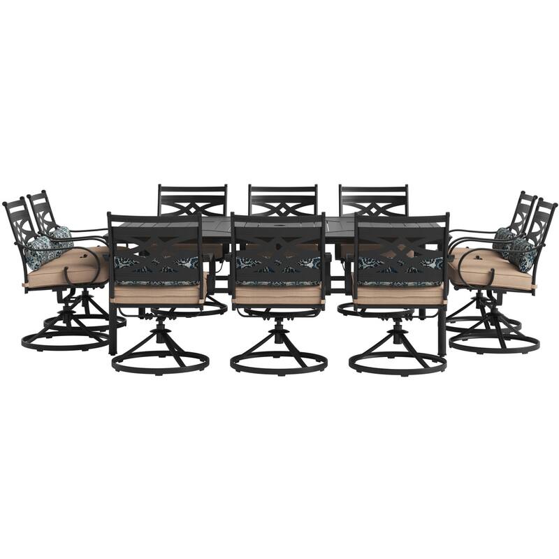Hanover Montclair 11-Piece Dining Set in Tan with 10 Swivel Rockers and a 60-In. x 84-In. Table