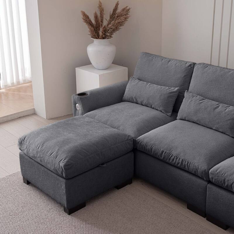 114.5"Modern L Shaped Chenille Sofa with Ottoman and USB Ports
