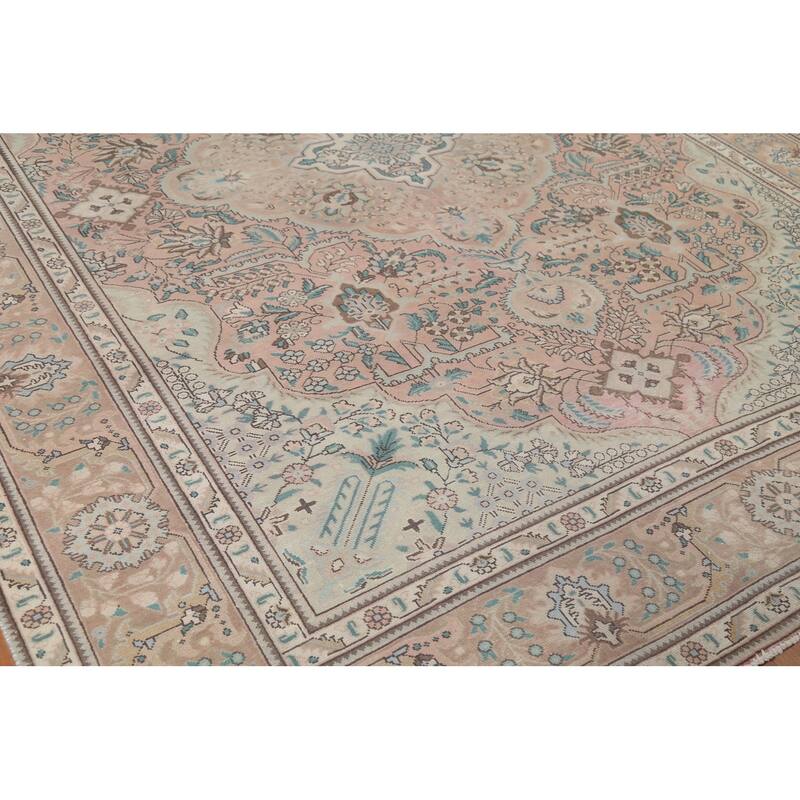 Pink Geometric Tabriz Persian Vintage Area Rug Handmade Wool Carpet - 8'8"x 11'2"