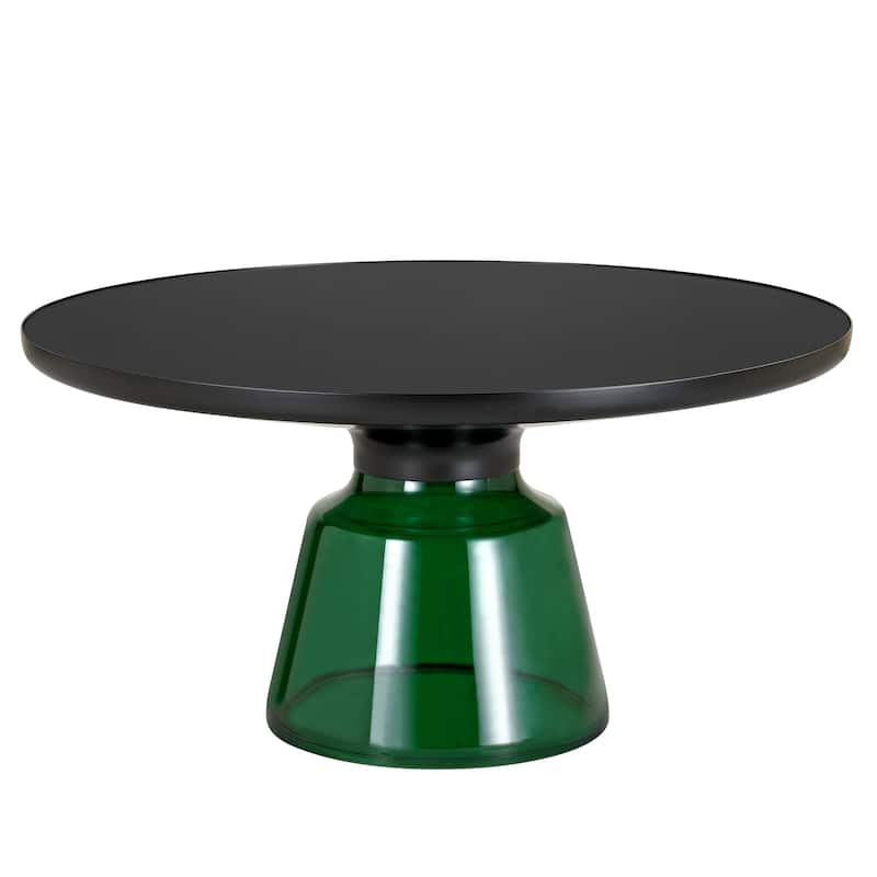 30-Inch Round Coffee Table Glass/Stone Tabletop with Black Iron Rim Frame Glass Pedestal Base
