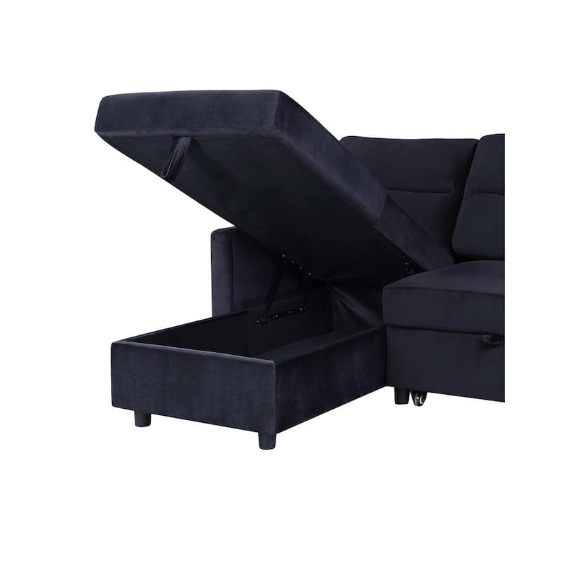 Velvet Reversible Sleeper Sofa with Storage Chaise in Black