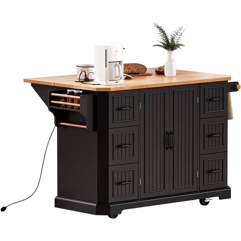 56 inch Kitchen Island with Rubber Wood Veneer Drop Leaf, Power Outlet, 4 Door Shelves, Rolling cart on 4 Wheels with 6 Drawers