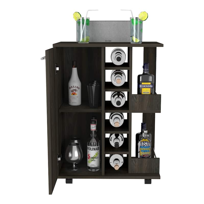 Bar Cart, Four Casters, Six Wine Cubbies, Single Door Cabinet