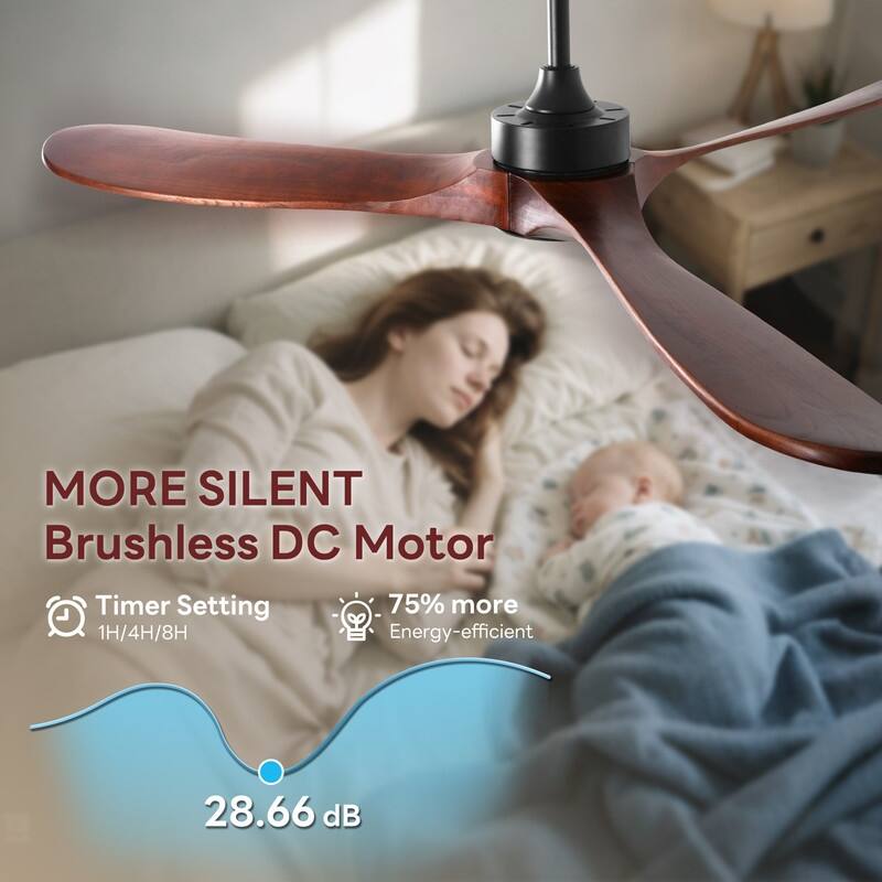 Indoor/Outdoor Ceiling Fan with Remote Control, 3-Blades Solid Wood Ceiling Fan for Bedroom Living Room