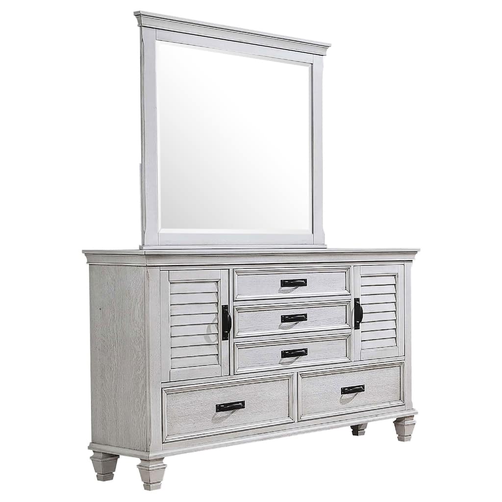 Eli Wide Dresser with Mirror, 5 Drawers 2 Cabinets, Distressed White