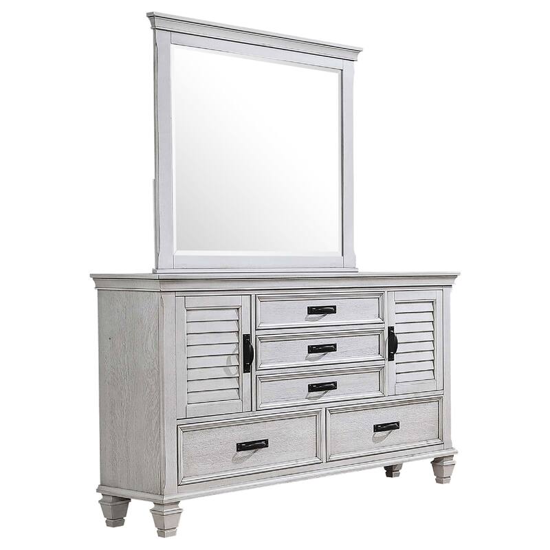 Eli Wide Dresser with Mirror, 5 Drawers 2 Cabinets, Distressed White