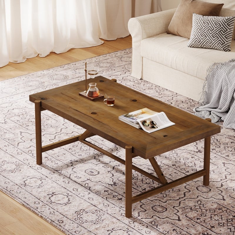 47-Inch Solid Wood Coffee Table with Column Legs, Farmhouse Center Tea Table for Living Room, Apartment