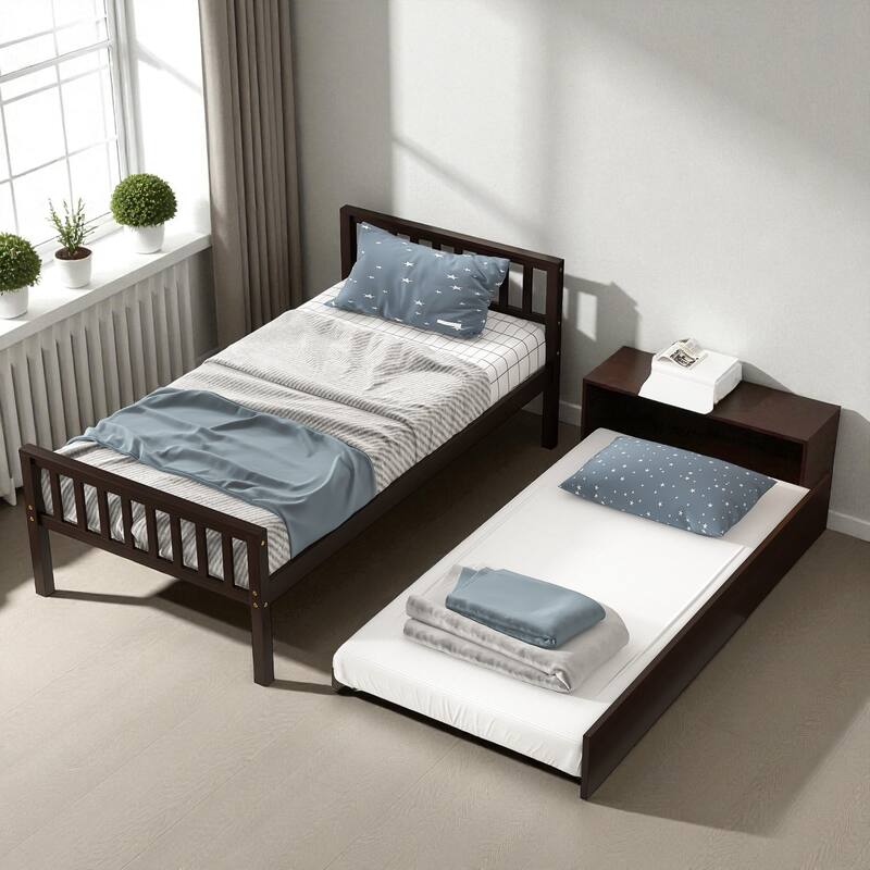 Twin Size Wooden Platform Bed with Trundle, Headboard and Footboard, Space-Saving Design for Guest or Small Bedroom