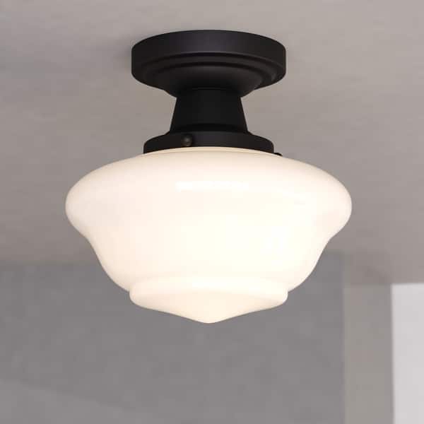 slide 2 of 13, VAXCEL Eastgate 1-Light Schoolhouse Semi Flush Mount Ceiling Lighting Fixture, White Frosted Opal Glass Shade 8.75-in W x 8.5-in H x 8.75-in D - Matte Black