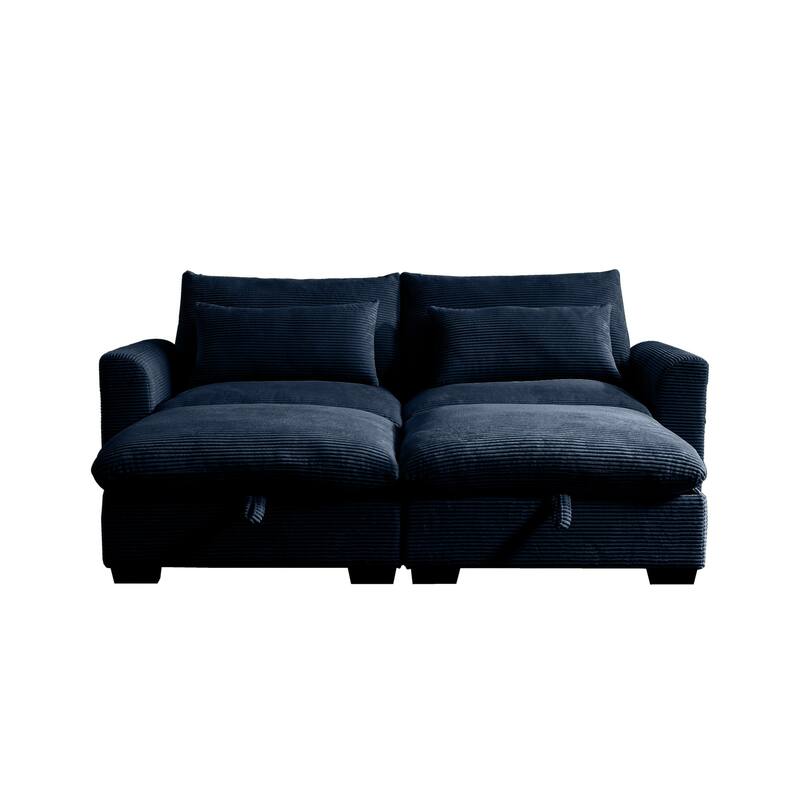 Corduroy Loveseat Sofa Couch with Storage Ottomans, Modern Sectional 2 Seater Sofa with Deep Seat, Pillows for Small Spaces