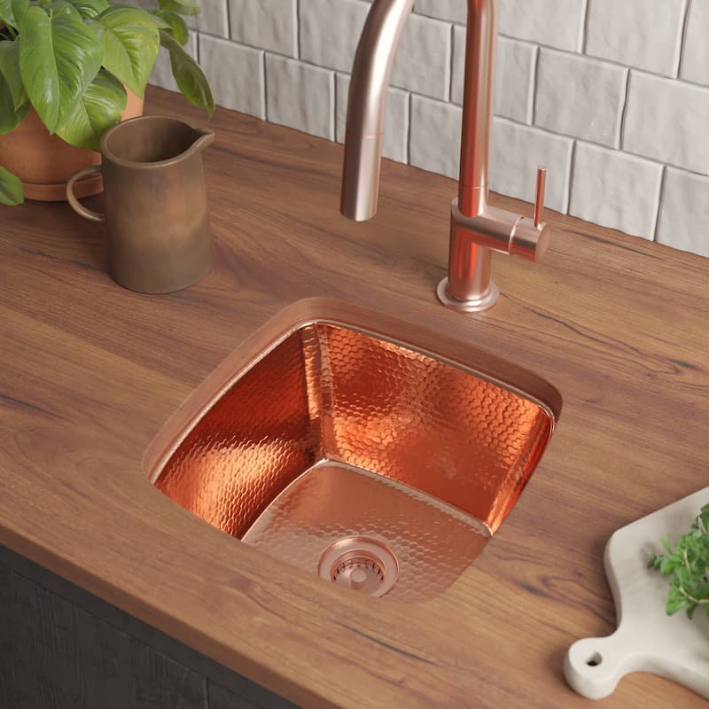 Rincon Hand Hammered Copper 13-inch Square Undermount Bar/ Prep Sink - Polished Copper
