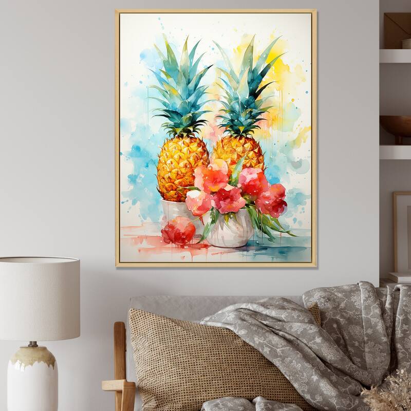 Designart "Aquarel Pineapple Painting" Pineapples Green Wall Decor - Traditional Living Room Framed Canvas Art - 24 in. wide x 32 in. high - Brown