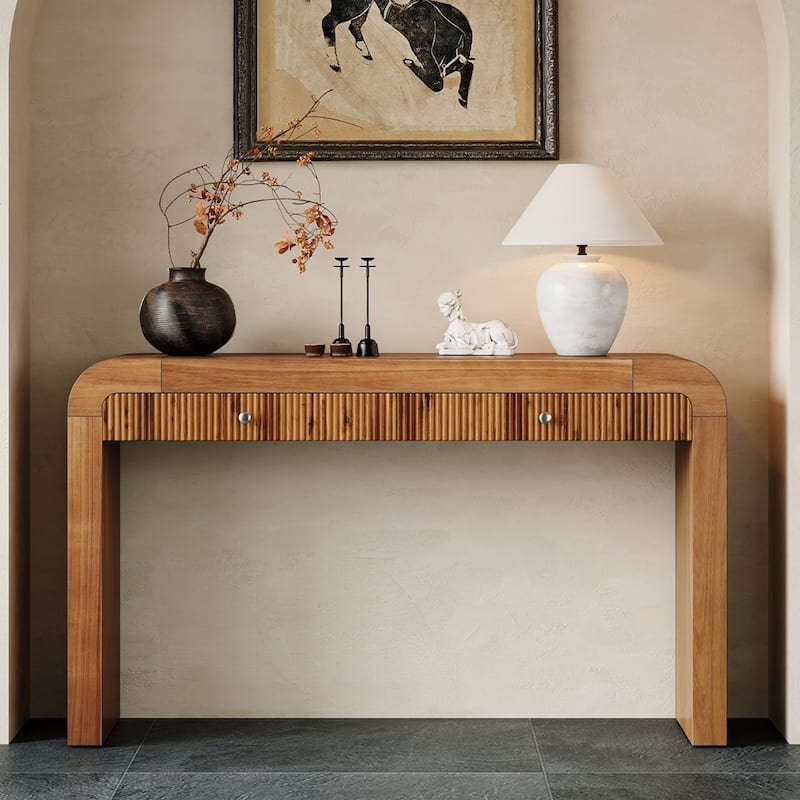 Entryway Table Console Table with Fluted 2-Drawer Rustic Sofa Table - Brown