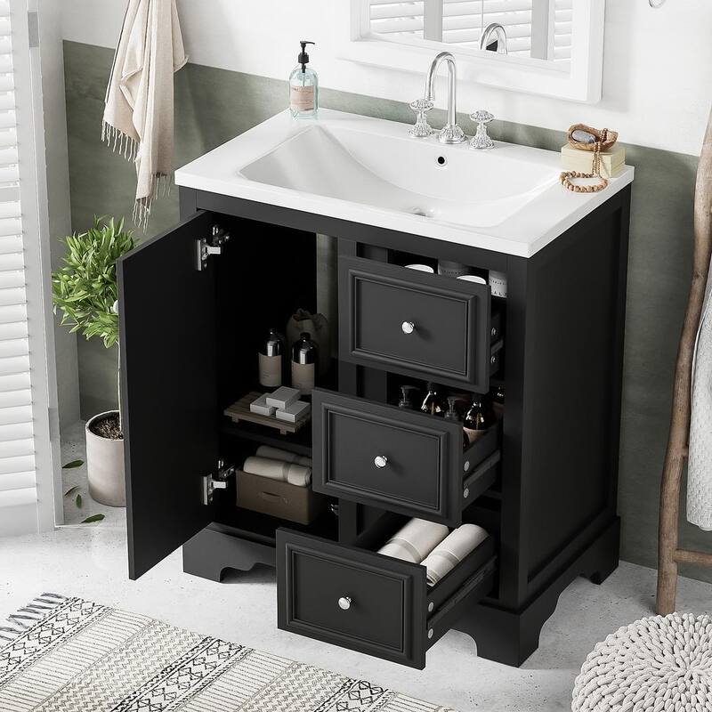 30'' Bathroom Vanity with Top Sink, Freestanding Vanity Set with Mirror Cabinet