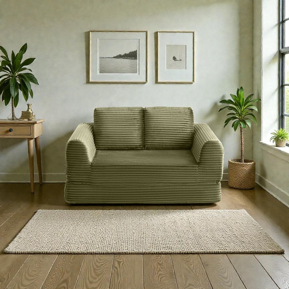 2 in 1 Folding Sofa Bed Loveseat, Corduroy Convertible Sleeper Couch with Pillows, Boneless Floor Futon