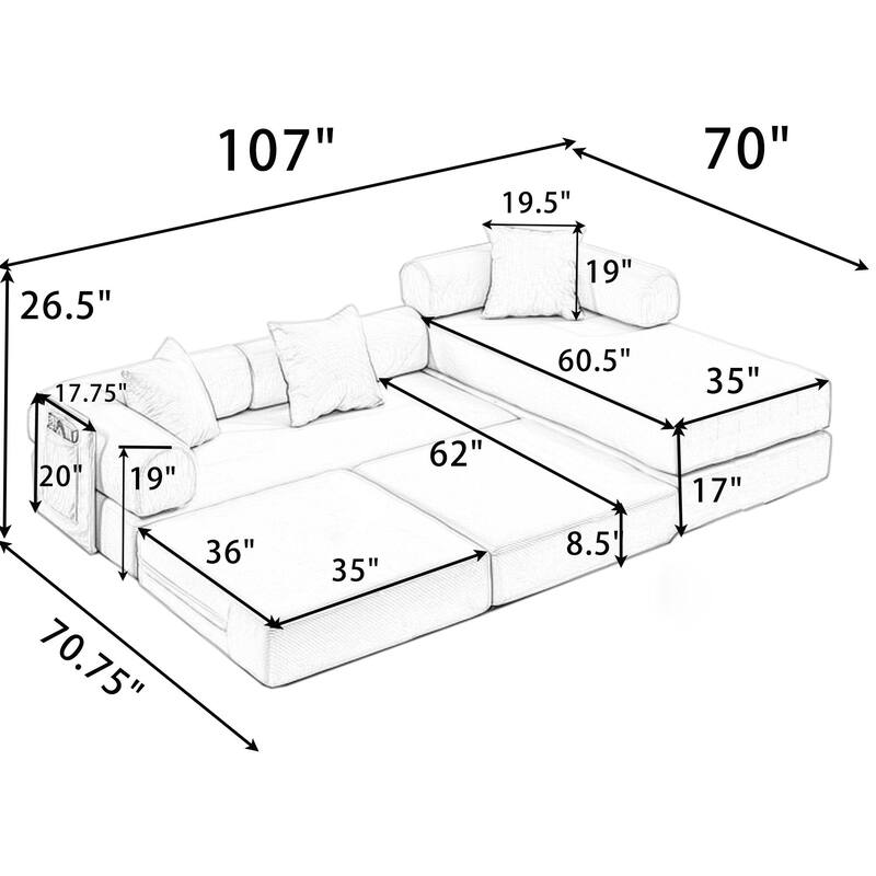 Versatile 7-in-1 Modular Folding Sectional Sofa with Chaise Convertible Corduroy Sleeper Sofa Bed with Removable Storage Bags