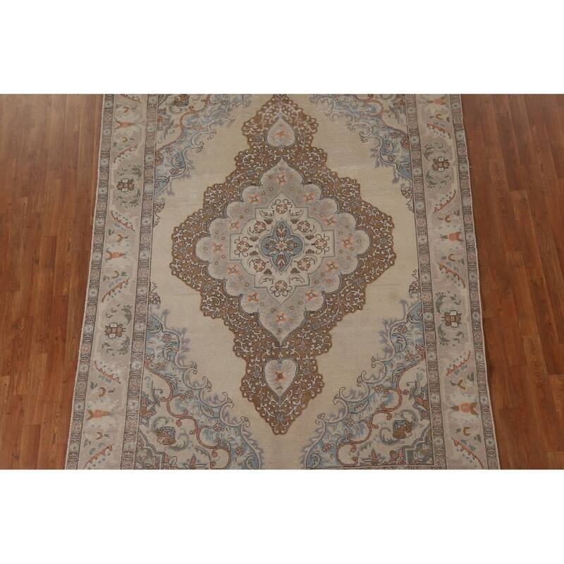 Vintage Medallion Distressed Tabriz Persian Rug Handmade Wool Carpet - 6'6" x 9'6"