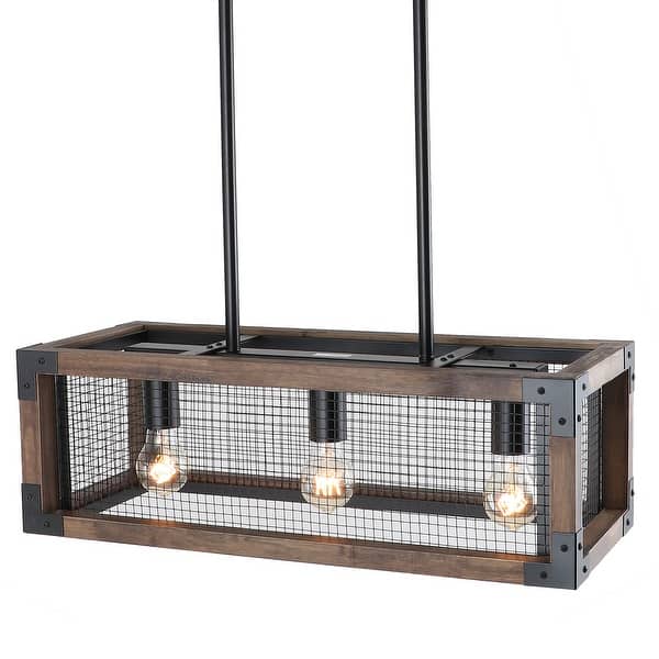 slide 2 of 8, Anmytek 3-Light Rustic Rectangle Wood Chandelier - Island Light for Dining Room & Kitchen Island - 23.75''L×9.75''W×47''H