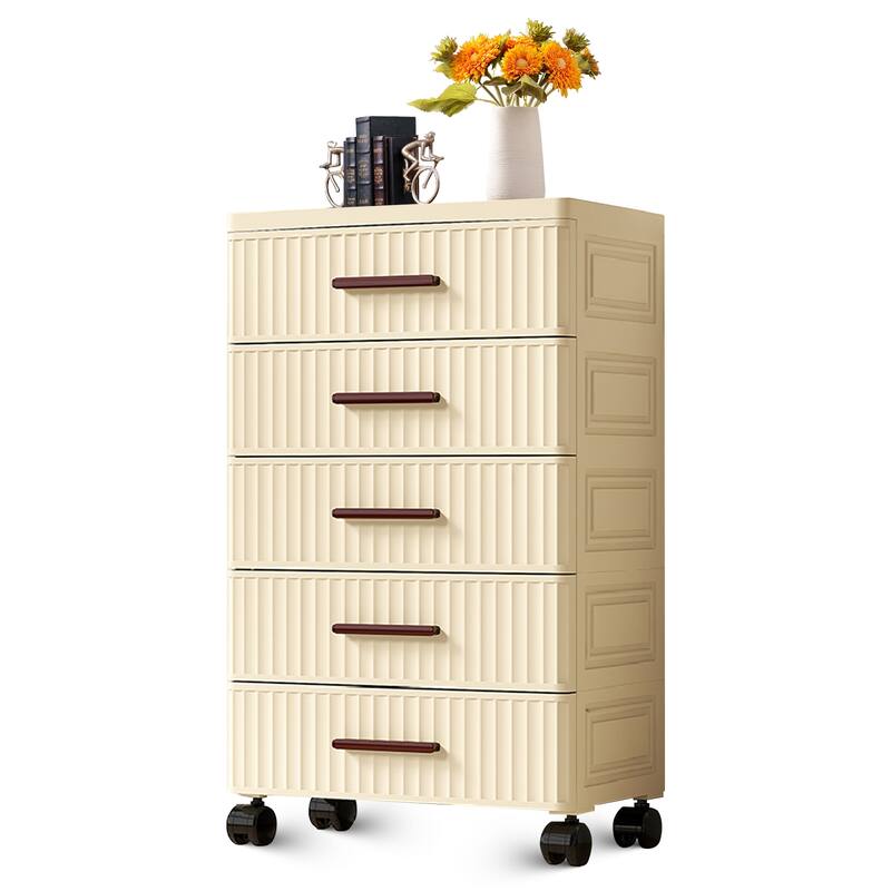 Plastic Drawer Storage 18.9" Wide Plastic Chest Of Drawers For Bedroom Fluted Design Storage Organizer Cart With Wheels - 5 layer