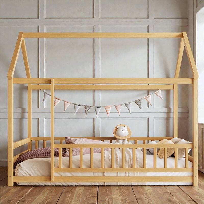 Wooden House Frame Floor Bed with Roof, Fence Guardrails, Pine Wood Kids Platform Bed for Bedroom