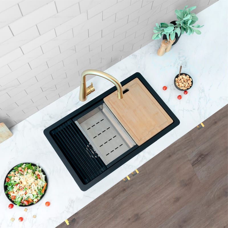 Dual mount 28 inch Black Composite Granite Single Bowl Workstation Kitchen Sink