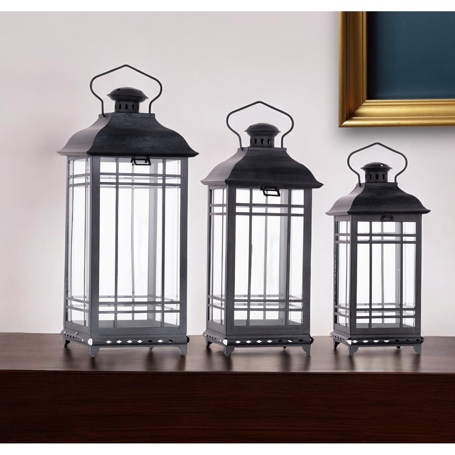 Set of Three Gray Distressed Geometric Glass And Metal Floor Lantern Candle Holders