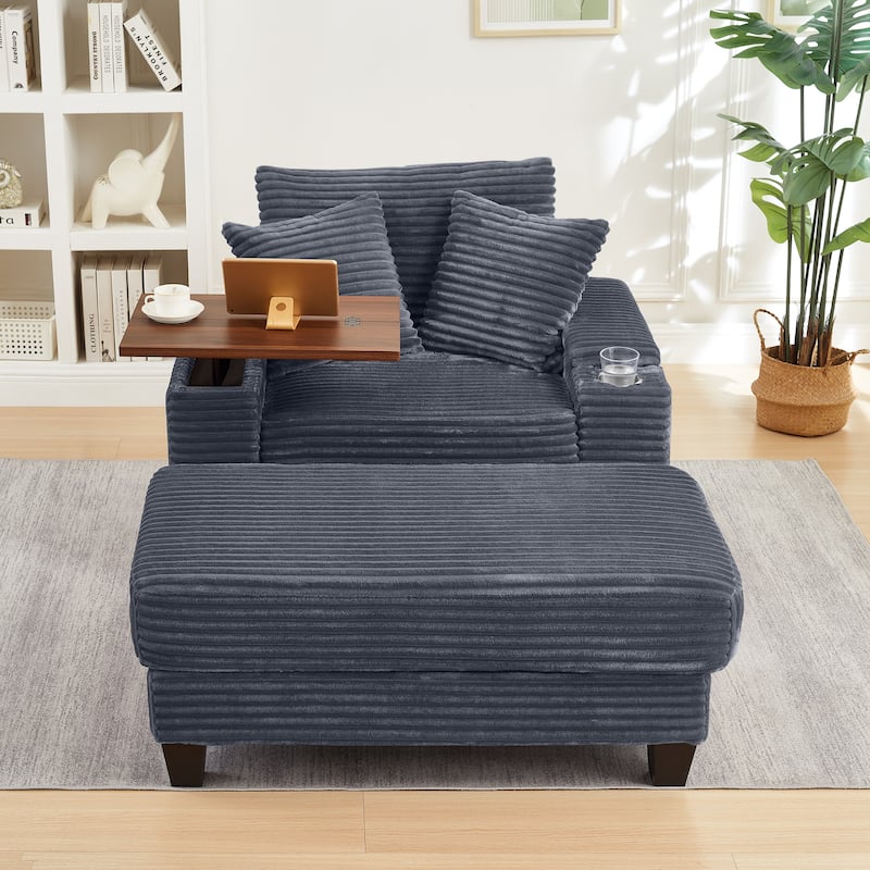Versatile Chaise Lounge Single Sofa Chair with Ottoman, Swivel Table, Storage Armrest, Cup Holder, Bluetooth Speaker and USB
