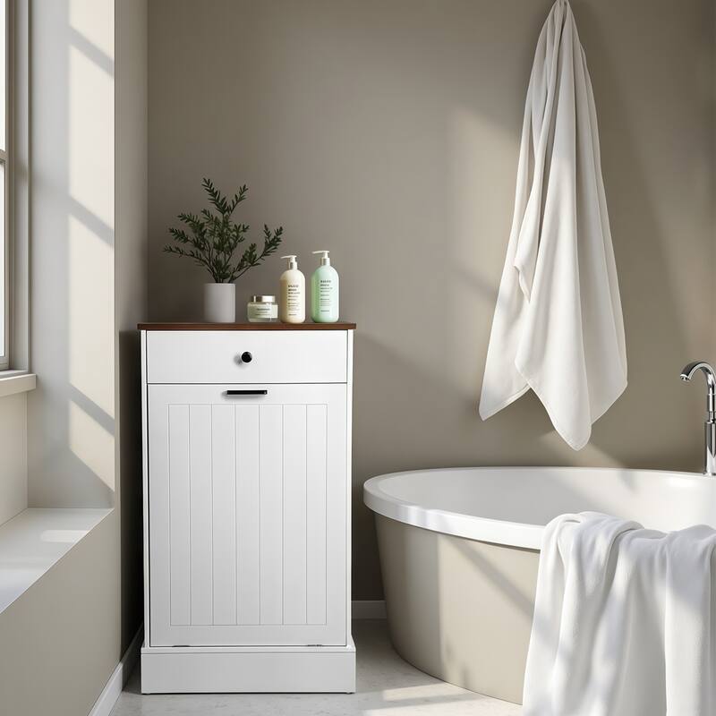 Tilt Out Trash Can Cabinet, Hidden Wooden Trash Can Cabinet with Drawer, Free Standing Garbage Cabinet, 10 Gallon Hamper Cabinet