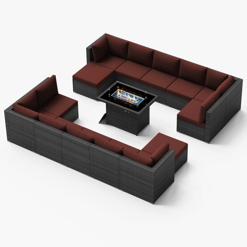 FINCATI 15-Piece Grey Wicker Patio Conversation Sofa Set with Ottomans, 43″ Fire Pit Table - Red