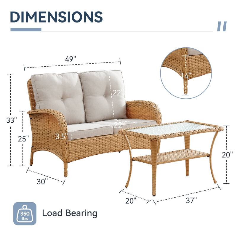 Gymojoy Outdoor Wicker Loveseat with Coffee Table and Outdoor Cushions