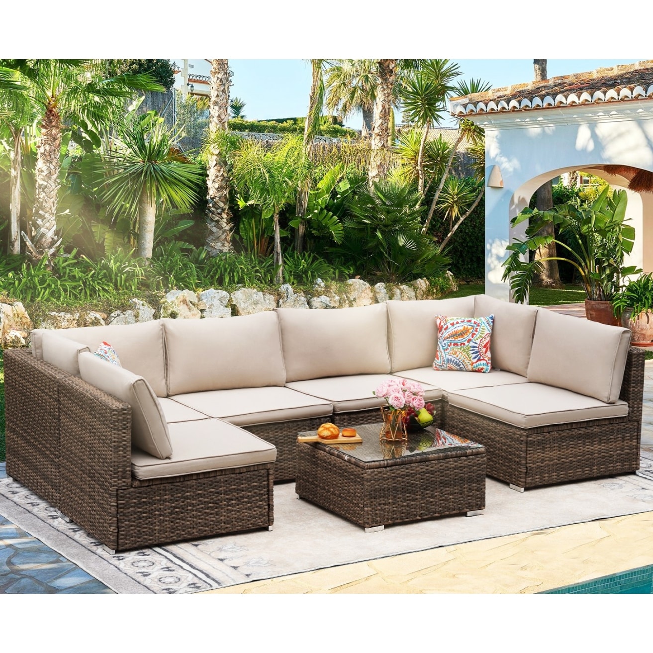 7 Piece Outdoor Patio Rattan Furniture Sets with 1 Table 2 Corner Sofas 4 Armless Sofas Cushions Bed Bath Beyond 40291802