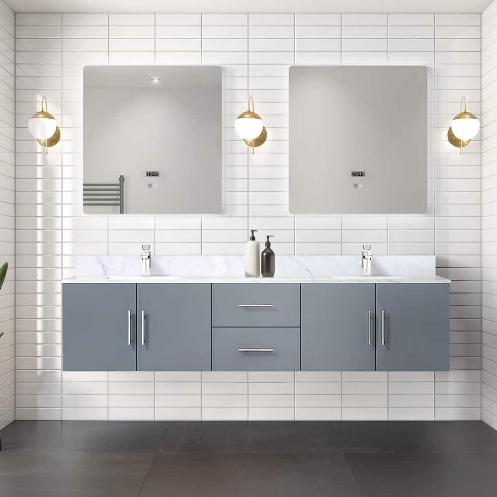 Geneva 80 in. W x 22 in. D Dark Grey Double Bath Vanity, Carrara Marble Top, and 30 in. LED Mirrors