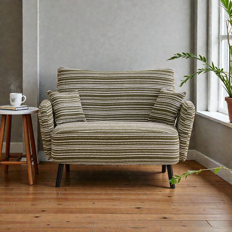 Modern Boucle 2-Seater Sofa with Storage Pockets, Deep-Seated Small Couch with Armrest Pillows for Apartments - Olive Green