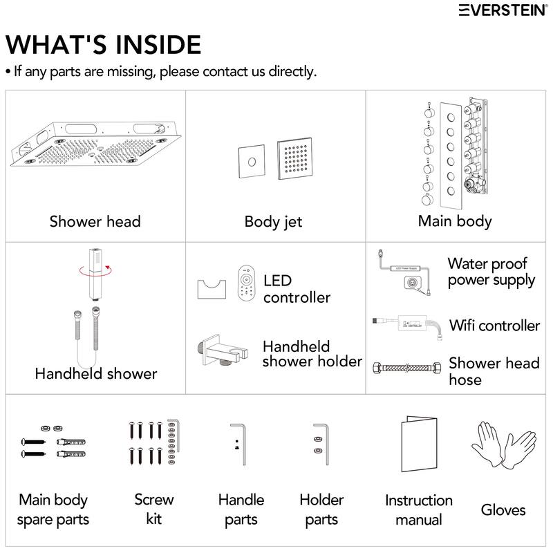 Thermostatic Muti-Fuctions Shower System Faucet Set 64 Color LED Mood Lighting Rainfall Shower Head with 6 Body Jets - 27"x16"