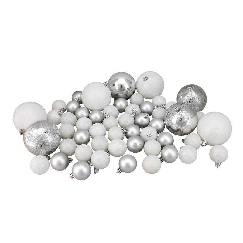 125ct Winter White Silver Shatterproof 4-Finish Ornaments 5.5"