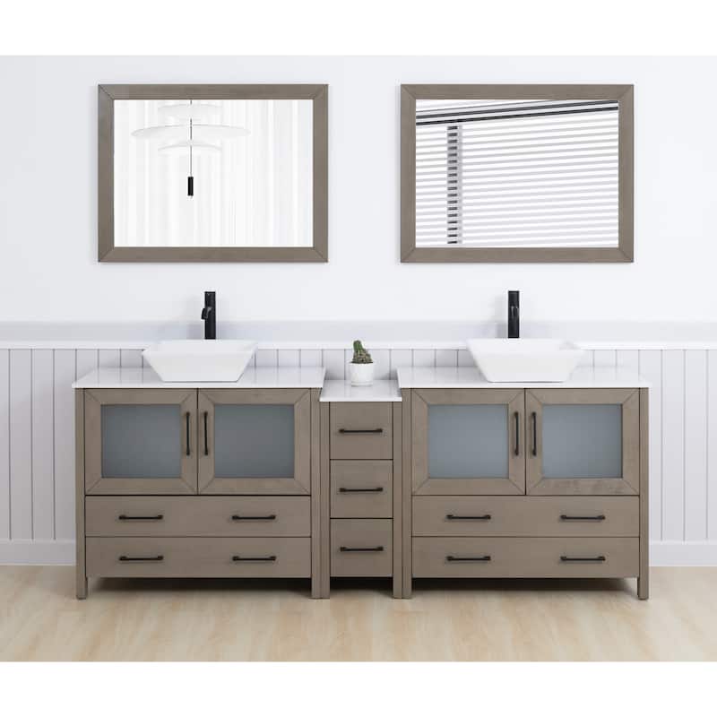 Vanity Art 84" Double Sink Bathroom Vanity Set with Engineered Marble Top and Free Mirrors